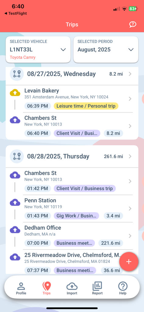Screenshot of the Mileage Log app showing a list of recorded business and personal trips with dates distances and purposes