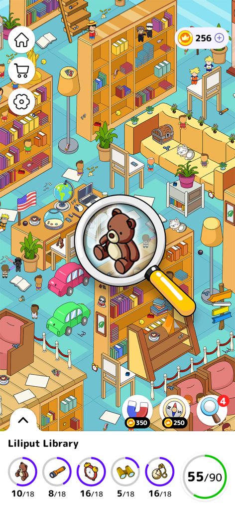 Une loupe mettant en évidence un ours en peluche dans une scène de bibliothèque colorée du jeu d'objets cachés Seek and Find.