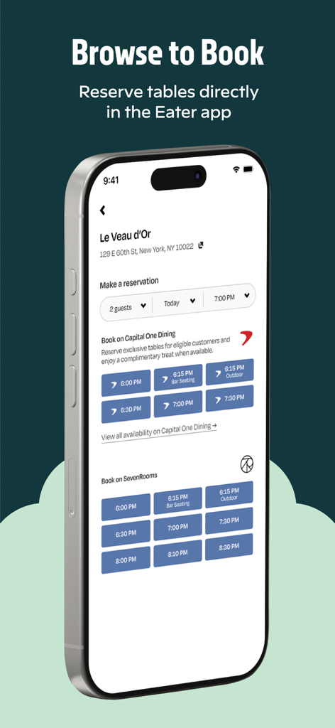 Eater - Tela do aplicativo móvel Eater para reservar uma mesa em um restaurante com horários
