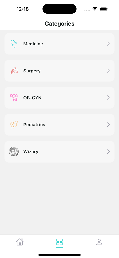 A list of medical study categories in the Remedy Platform app including Medicine and Surgery