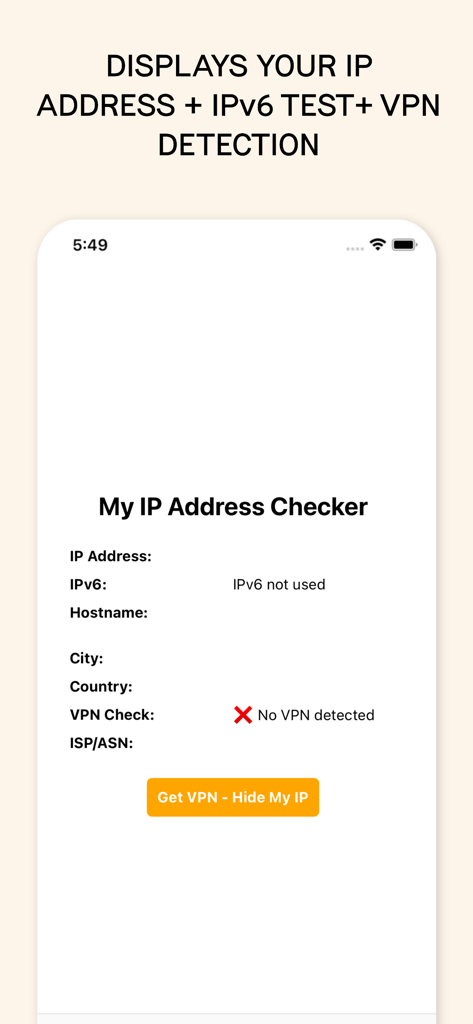 Screenshot dell'iPhone che mostra l'interfaccia dell'app My IP Address Checker con dettagli per il rilevamento dell'indirizzo IP IPv6 e della VPN