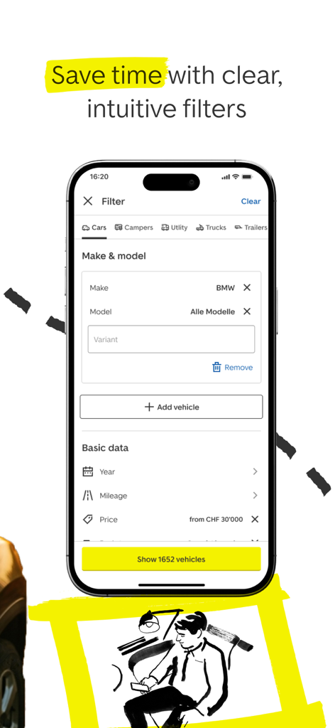 Interface de l'application mobile d'AutoScout24 Suisse montrant les filtres de recherche de voitures pour BMW.