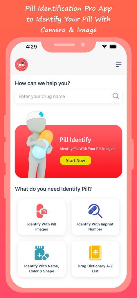 Pill Identification - Pro - Home screen of the Pill Identification Pro app featuring options to identify pills by image, imprint number, or characteristics like color and shape.