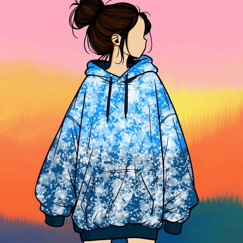 realistic girl with a oversized sweatshirt on and a bun