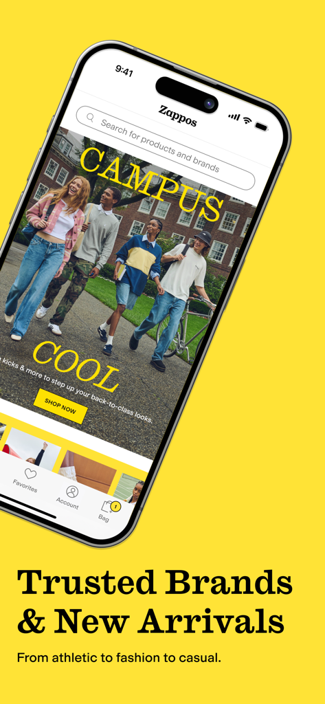 Zappos app home screen featuring the Campus Cool fashion collection and trusted brands banner