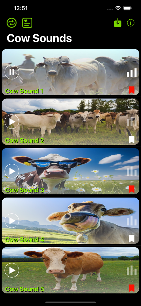 Cow Sounds App - Mobile app interface displaying a list of various cow sounds with accompanying photos of cattle and play buttons.