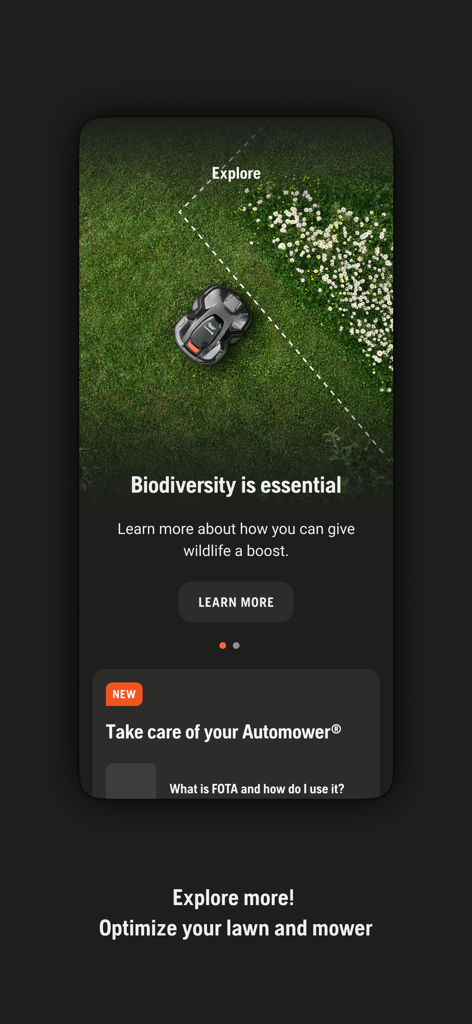 Automower Connect App-Bildschirm für Biodiversitätsinformationen und Mähroboter-Optimierung