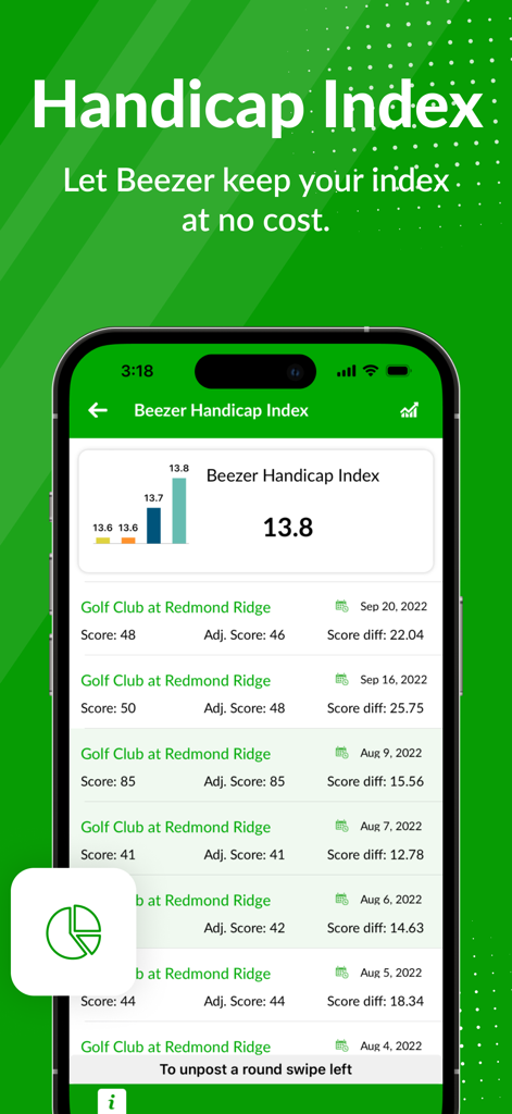 Interfaz de la aplicación móvil mostrando el índice de hándicap de golf y las puntuaciones de rondas históricas para seguir el rendimiento