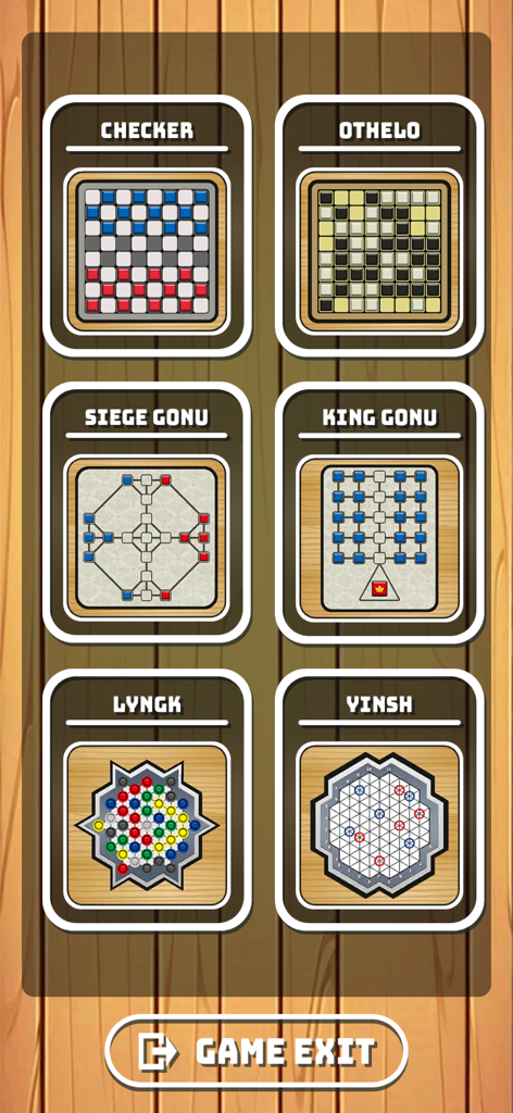 TableTop BoardGame - Menú de selección para TableTop BoardGame mostrando títulos clásicos como Damas y Othello sobre un fondo de madera.