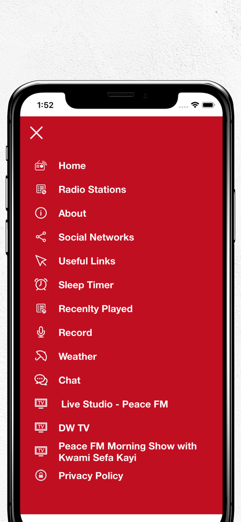 Africa Waves Radio - Side menu of Africa Waves Radio app displaying navigation options including Radio Stations, Sleep Timer, and Live Studio Peace FM on a red background.