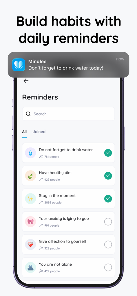 AI Mental Assistant: mindlee - Mindlee app screen displaying daily habit reminders and a push notification for drinking water.