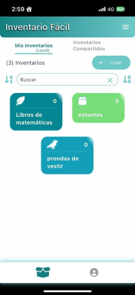 Inventario Facil - Panel principal de la aplicación Inventario Fácil mostrando carpetas de inventario organizadas para estanterías de libros y ropa