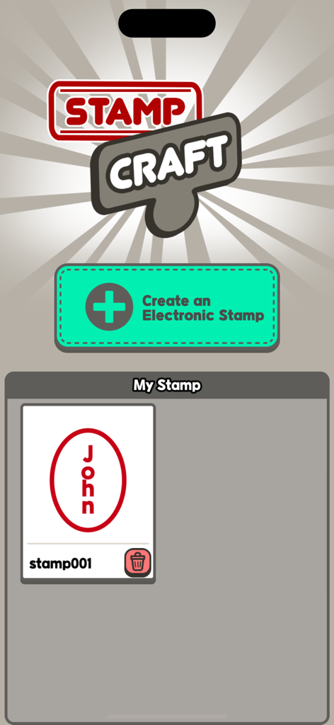 Interfaz de la aplicación Stamp Craft que muestra un botón para crear un sello electrónico y un sello ovalado rojo guardado llamado John