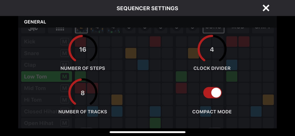 General settings screen for OCTACHRON MIDI Drum Sequencer with options for steps and tracks.
