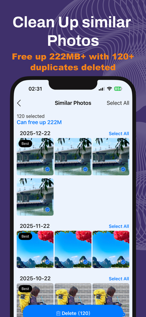 SmartClean: AI Photo & Storage - SmartClean app interface showing the selection of similar photos to delete and free up iPhone storage space.