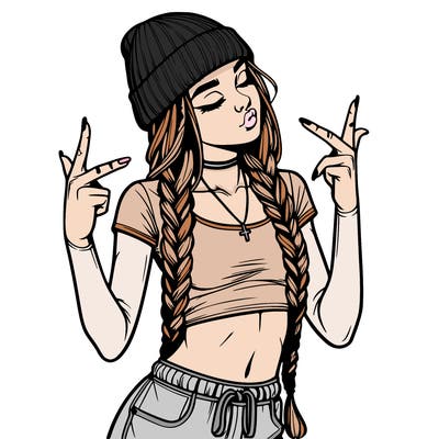realistic teenage girl with braids and a beanie and crop top doing 🫶🏼