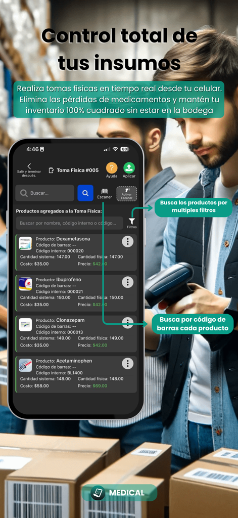 Medicals - Pantalla de la aplicación Medicals que muestra el control de inventario de suministros médicos y la funcionalidad de escaneo de códigos de barras