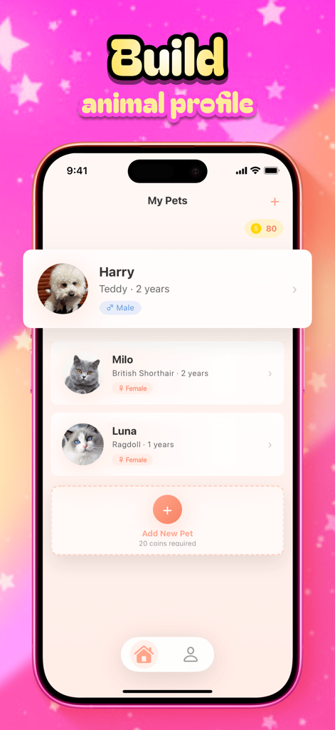 Juno - Partner Profile - Screenshot of the Juno app showing a list of pet profiles including a dog named Harry and cats named Milo and Luna.
