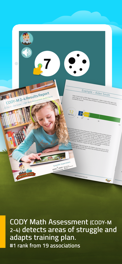 Meister Cody App zeigt einen CODY Math Assessment Ergebnisbericht und ein Kind, das auf einem Tablet lernt.