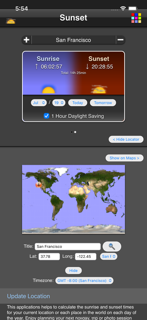 Sunset - Interface of the Sunset app showing sunrise and sunset times for San Francisco with a location map