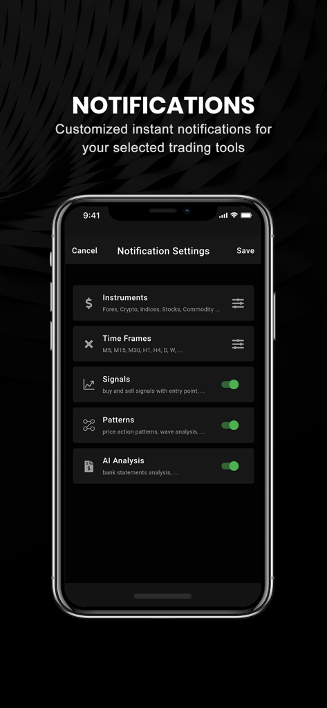 Tela de configurações de notificação do aplicativo ChartDepth mostrando alertas personalizáveis para padrões de sinais de negociação e análise de IA