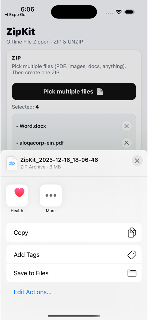 ZipKit: Offline File Zipper - ZipKit app interface on iPhone showing a created ZIP archive with options to copy or save the file to device storage.