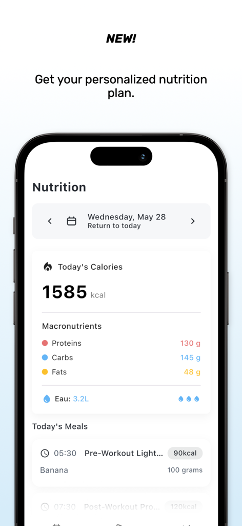 MyTrainer mobile app interface displaying personalized nutrition plan and macronutrient breakdown