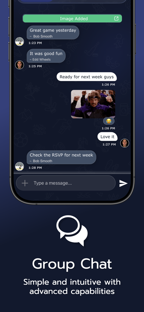 Invitem - Invitem app screenshot showing the group chat feature for sports team communication and event planning