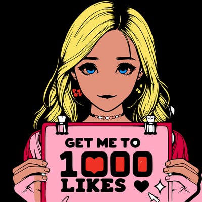 deatailed and realistic girl holding up a poster that says get me to 100 likes 👍🏻