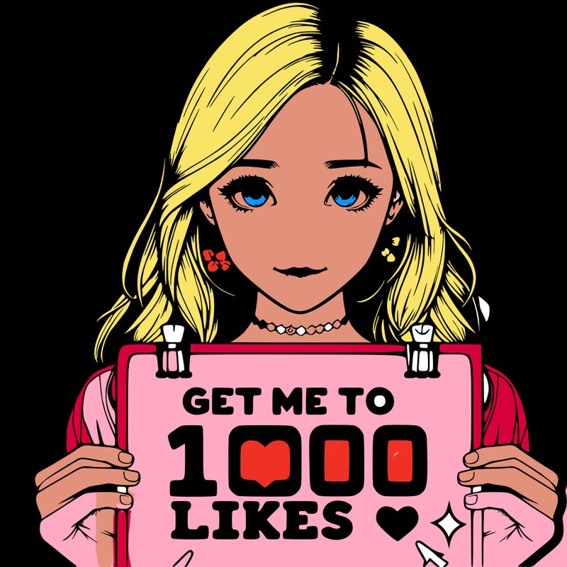 deatailed and realistic girl holding up a poster that says get me to 100 likes 👍🏻