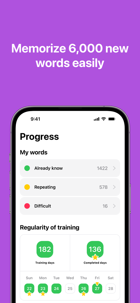 Excellent English - A screenshot of the Excellent English app progress dashboard showing vocabulary learning statistics and training regularity