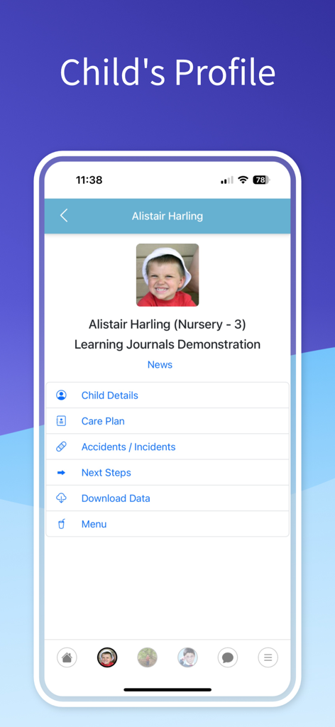 A child profile page on the Learning Journals ParentZone mobile application showing nursery details and menu options