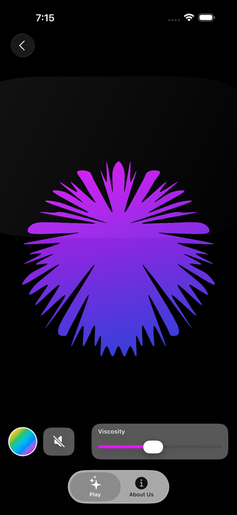 Sensory Slimes - Une forme de slime numérique violette avec des réglages de viscosité et de couleur sur fond noir