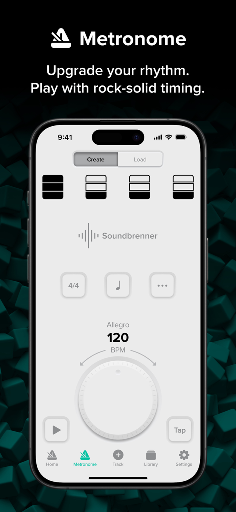 User interface of the Soundbrenner metronome app featuring a BPM dial and rhythm settings