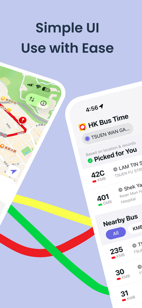 HK Bus Time - The user interface of the HK Bus Time app displaying a map and real-time bus arrival information.
