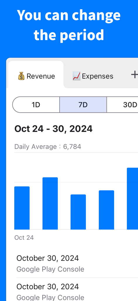 Graph Maker - Create a graph - A revenue bar graph in the Graph Maker app with a feature to change the viewing period between one day, seven days, and thirty days.