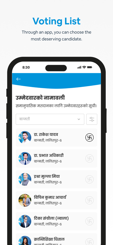 Rastriya Swatantra Party - Screenshot dell'app Rastriya Swatantra Party che mostra una lista di candidati al voto con foto profilo e nomi in nepalese