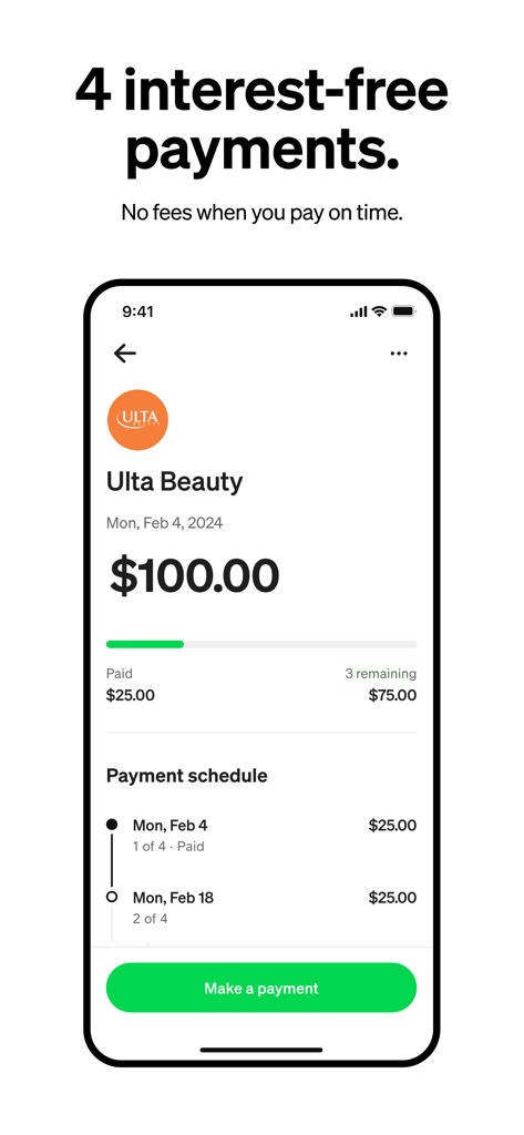 Afterpay app interface showing a schedule for four interest-free payments of twenty-five dollars