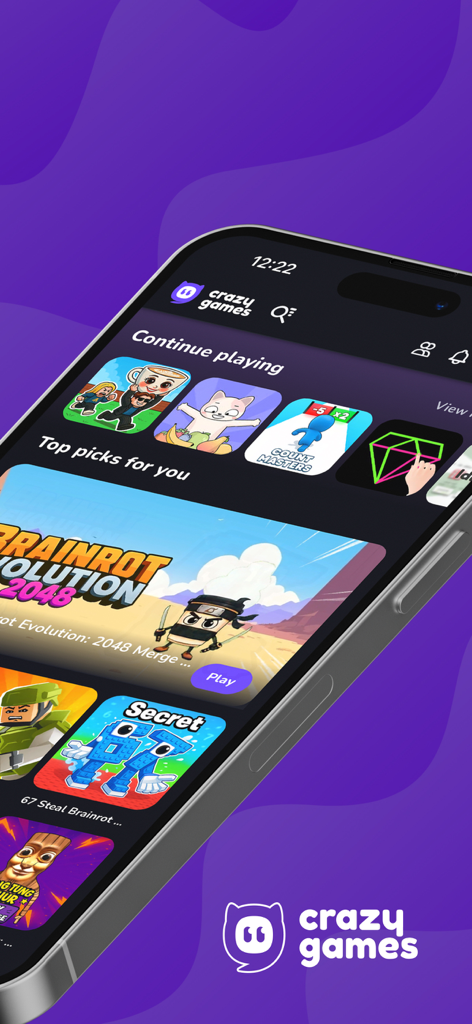 Pantalla de iPhone mostrando la aplicación CrazyGames con categorías como Destacados y Continuar jugando.