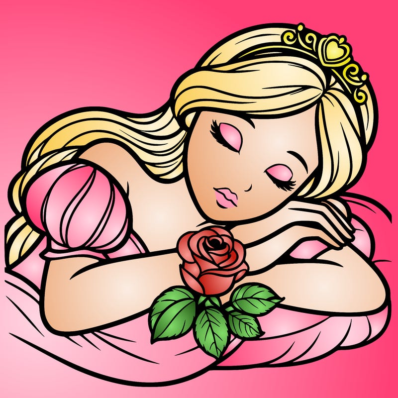 a fairytale princess sleeping with her hands crossed on her chest and a rose on her chest realistic