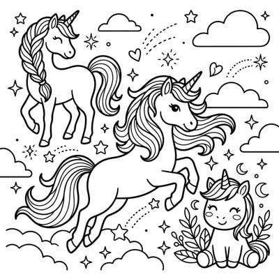 Enter a whimsical realm with this enchanting Rainbow Unicorns coloring page, designed especially for kids. Let your imagination run wild as you bring these magical creatures and their starry sky to life with a burst of color.