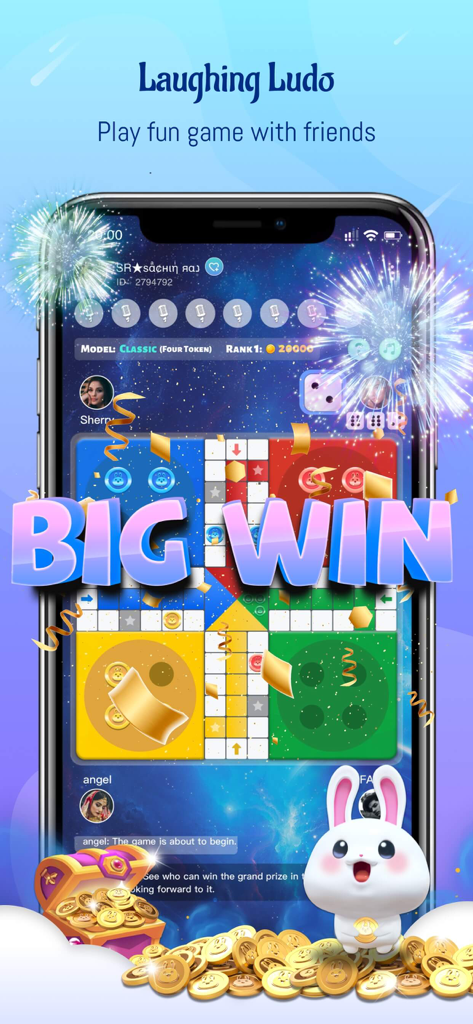 OyeTalk - OyeTalk app interface showing the Laughing Ludo game feature with a Big Win celebration and virtual rewards