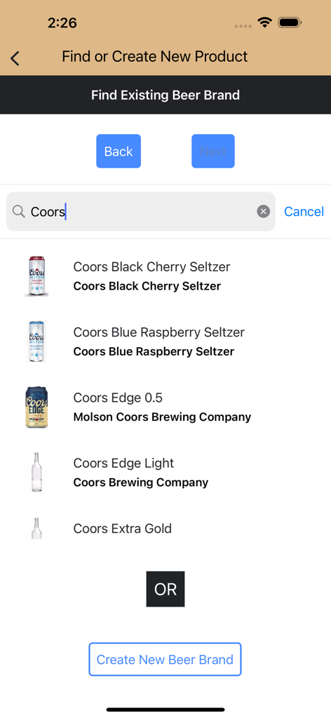 Search screen for adding beer products to inventory in the Barventory app
