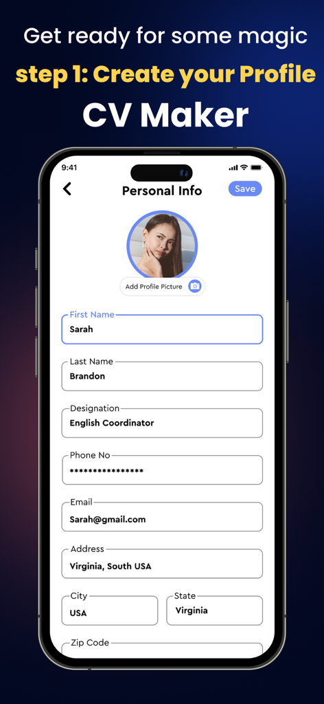 Resume Builder:AI CV Maker App - Pantalla de configuración de perfil de información personal en la app Resume Builder AI CV Maker mostrando detalles del usuario y campos de foto de perfil
