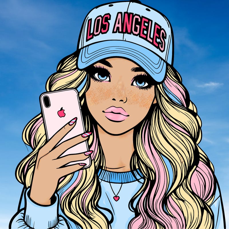 realistic beautiful girl wearing los ángeles cap holding an iphone
