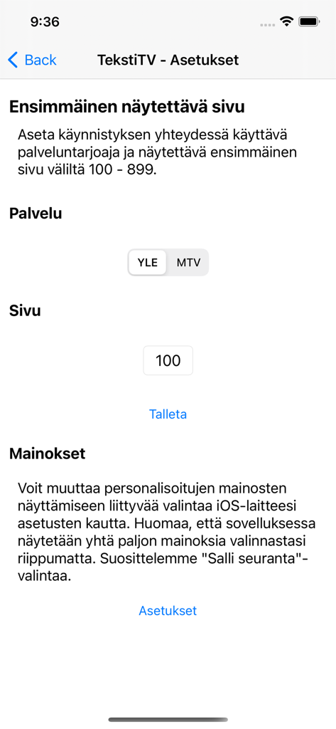 TekstiTV - Écran des paramètres de l'application TekstiTV pour sélectionner le fournisseur de services et la page de démarrage par défaut.