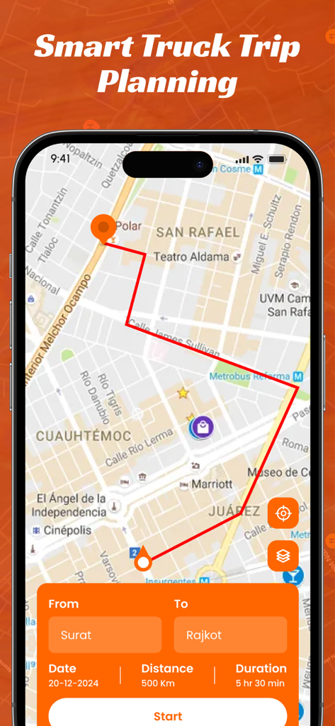Smartphone screen showing a truck trip planning interface with a route on a map, distance, and duration.