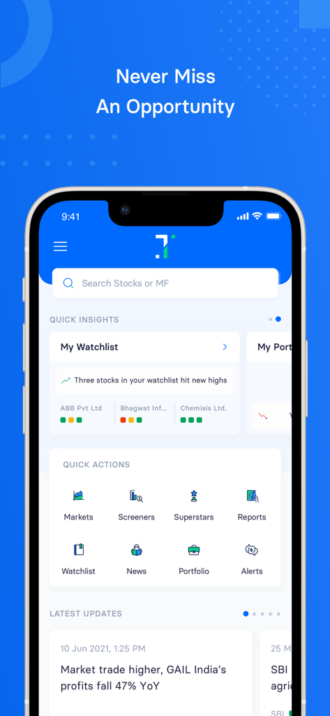 Trendlyne app home screen featuring stock market insights and quick actions