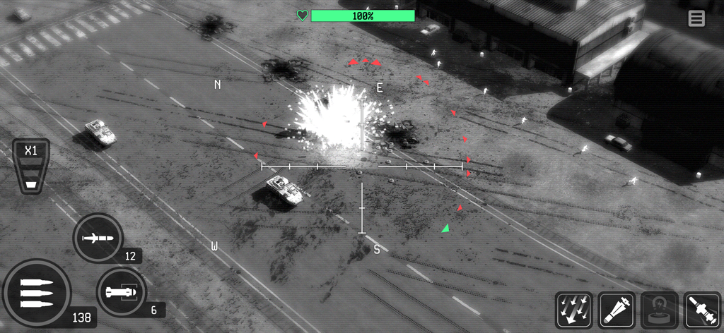 War Drone: 3D Shooting Games - Vue aérienne en vision thermique d'une frappe de drone tactique sur des véhicules militaires ennemis dans War Drone 3D Shooting Games.