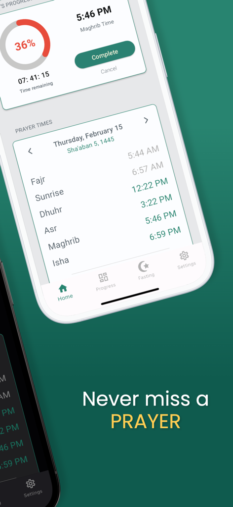 FastTrekker: Ramadan & Prayer - FastTrekker app interface displaying daily Islamic prayer times and tracking progress